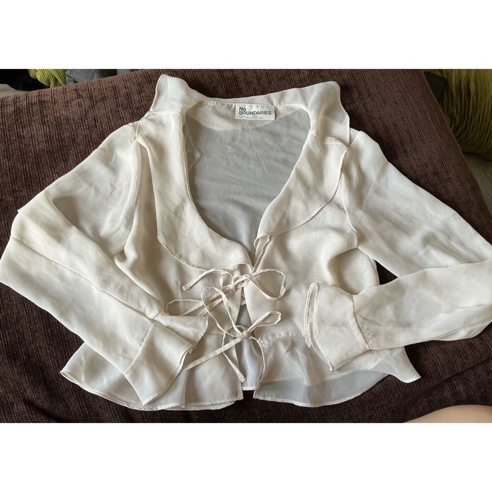 Cream Sheer Tie Front Crop Top Size S Ruffle Coquette Balletcore Y2K Long Sleeve